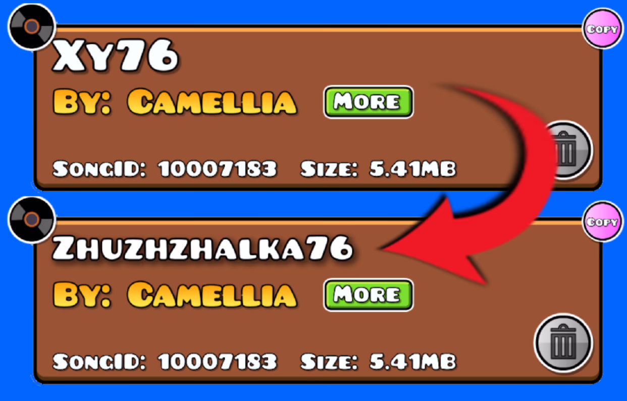Mod concept that shows a song in gd's song library incorrectly being named Xy76, with a red arrow pointing to the fixed version saying Zhuzhzhalka76